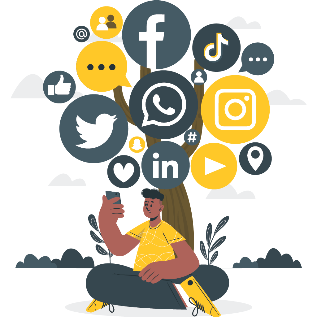 Social media marketing strategy illustration with engagement and analytics