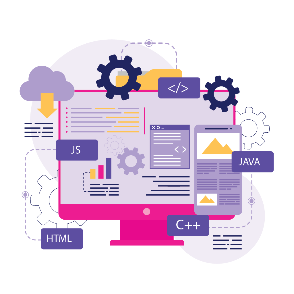 Web development illustration showing design, coding, and deployment